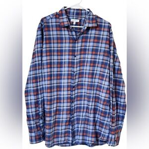 Peter Millar Men’s Cotton Flannel Shirt L Blue Rust Plaid Classic Fit